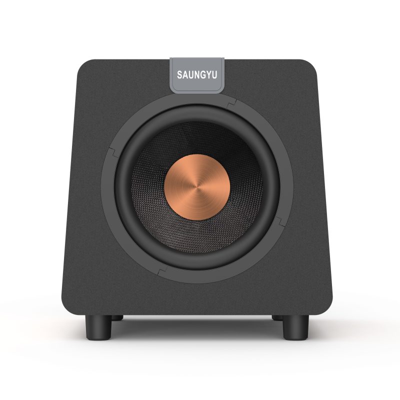 8-inch fiberglass speaker subwoofer in a wood-grain cabinet featuring black front and rear baffles-2 8-inch fiberglass speaker subwoofer in a wood-grain cabinet featuring black front and rear baffles-2